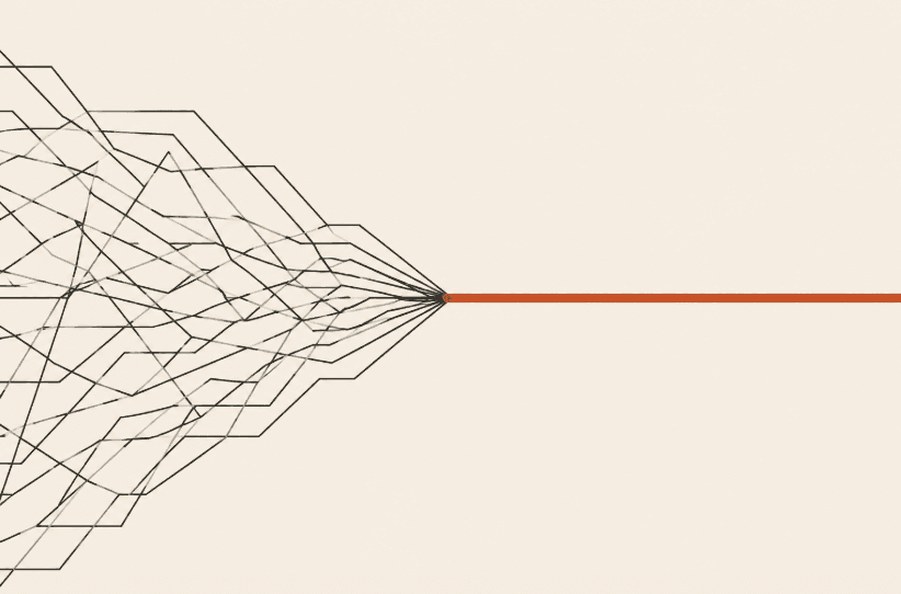 Diagram - wiele splątanych linii zbiega się w jeden wyraźny ruch